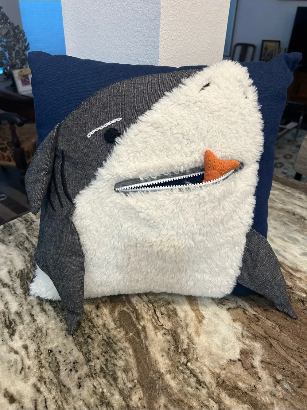Pottery barn kids shark bite plush Throw Pillow with movable Fish a few stains